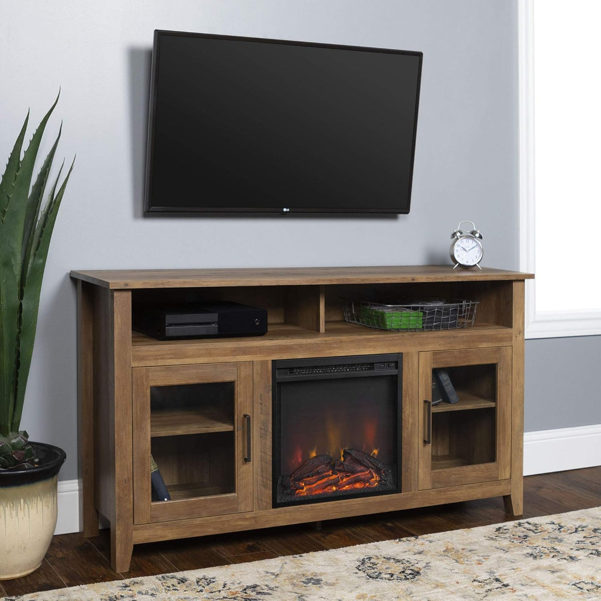 Rustic Wood and Glass Fireplace TV Stand, 58 Inch, Traditional Brown Z137