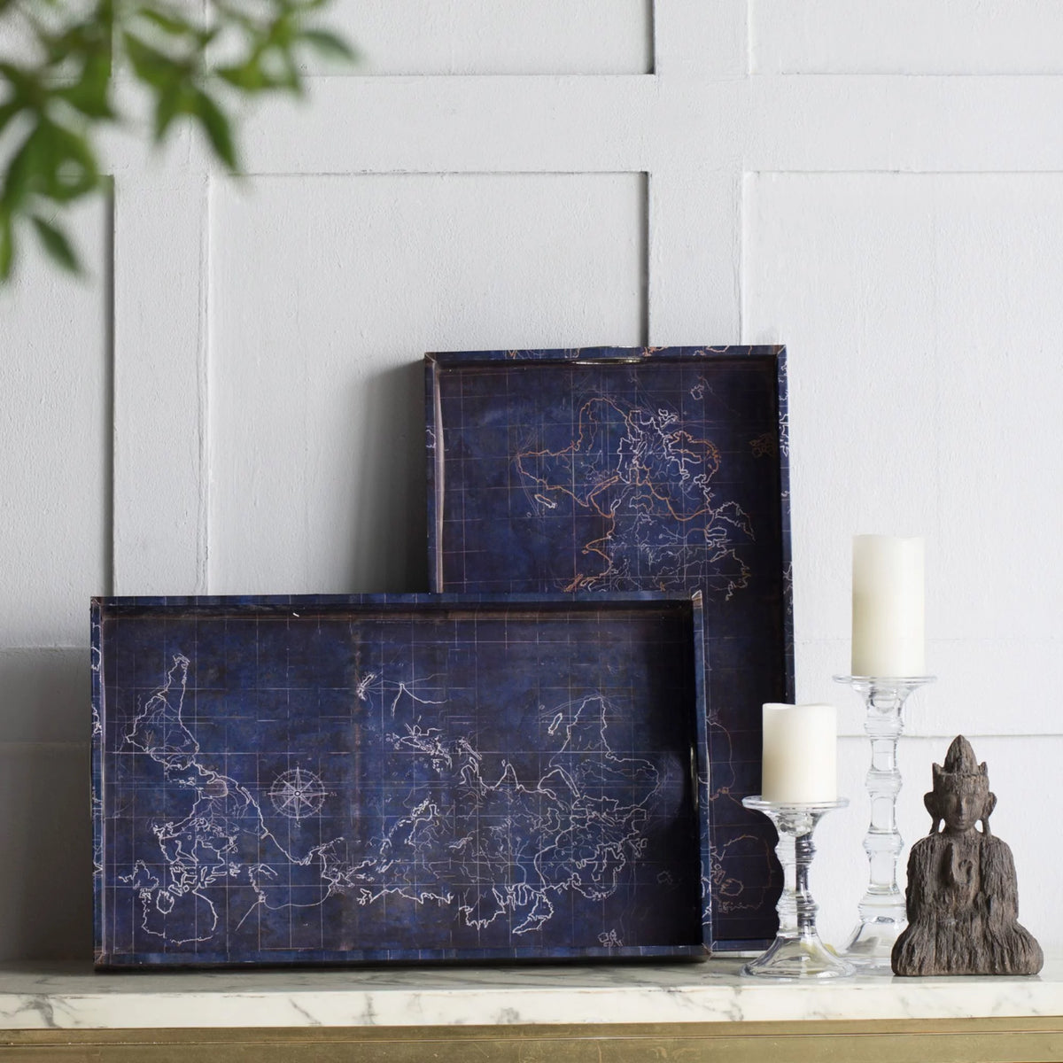 Set of 2 Deep Blue Vintage Rectangular Trays P57450