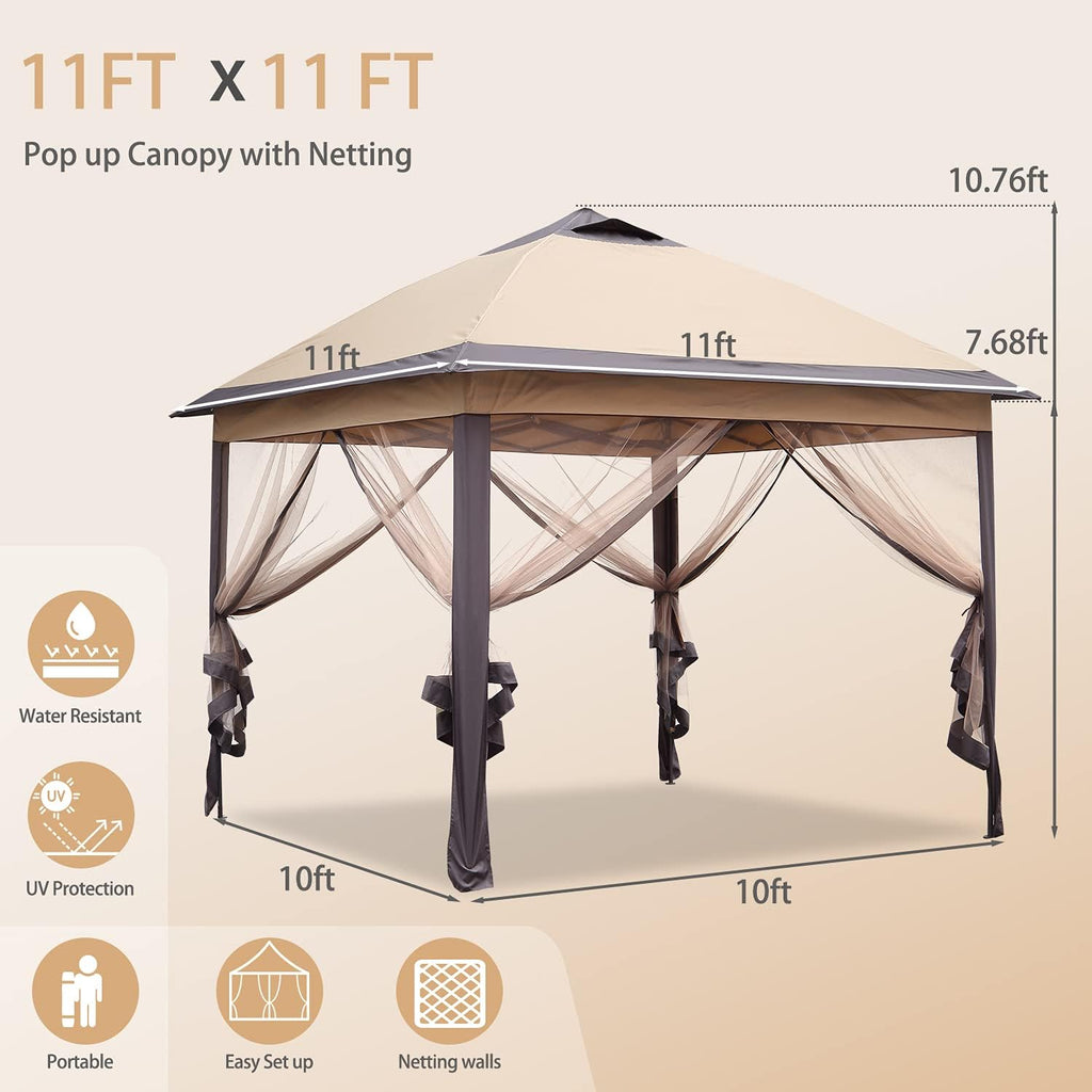 Brown 11'x11' Pop up Canopy Tent with Netting Sidewalls K6313