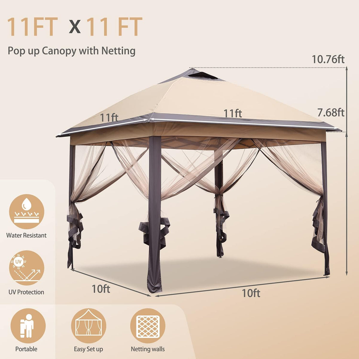 Brown 11'x11' Pop up Canopy Tent with Netting Sidewalls K6313