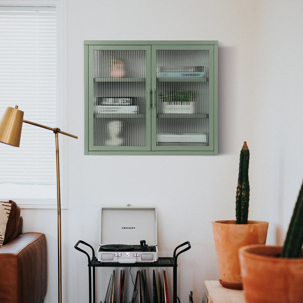 Mint Green Double Glass Door Wall Cabinet with Detachable Shelves T436356