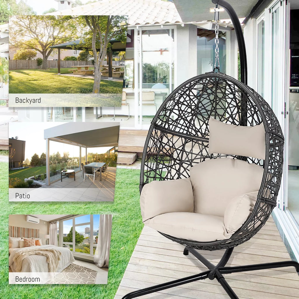 Oversized Black Hanging Swing Egg Chair with Stand and Beige Set J860