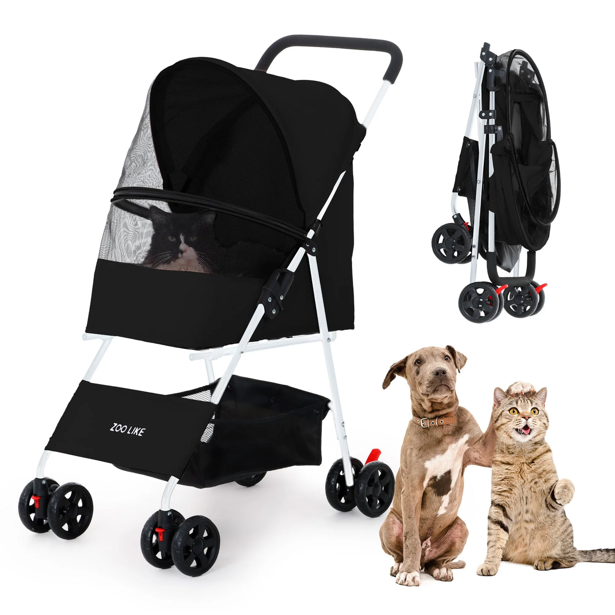 Folding Pet Stroller with Storage Basket, Black W733355