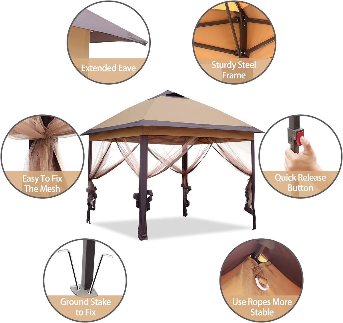 Brown 11'x11' Pop up Canopy Tent with Netting Sidewalls K6313