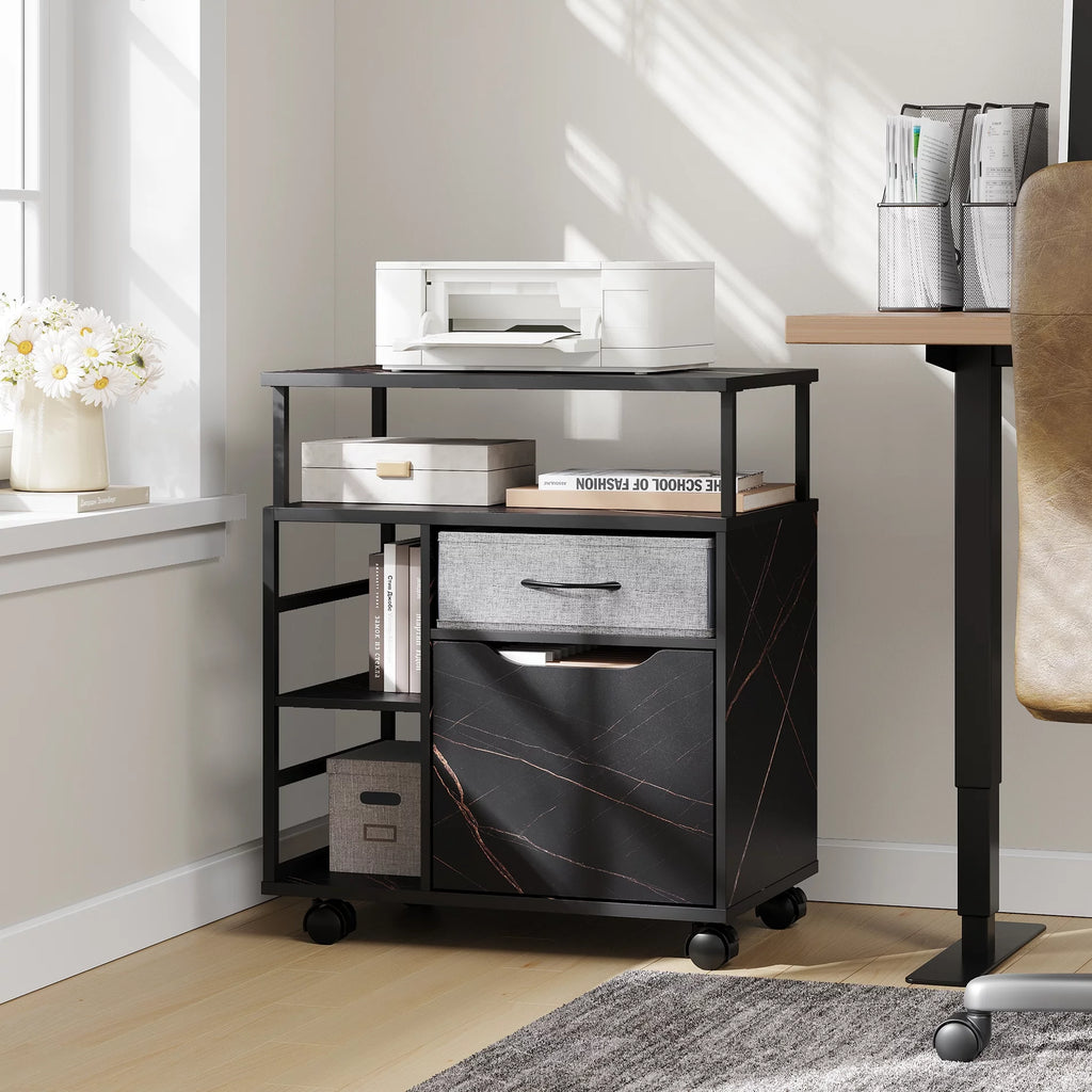 Black Marbled Mobile Office Storage Cabinet with Sliding Filing Drawers E97929