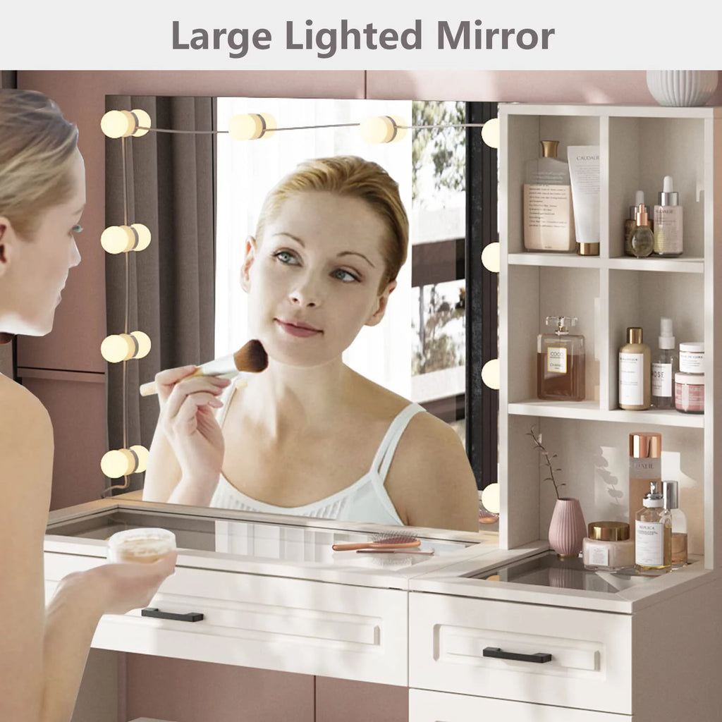 White 45in Vanity Desk Set with Lighted Mirror and Glass Desktop C9283