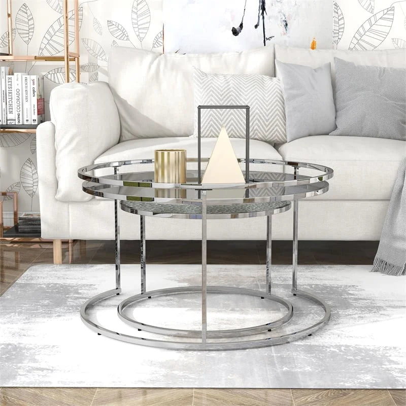Metal Glass Top 2-Piece Nesting Tables Set in Gray F465