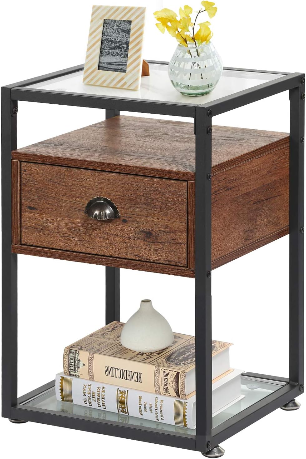 Brown+Black Tempered Glass Nightstand with Drawer G947