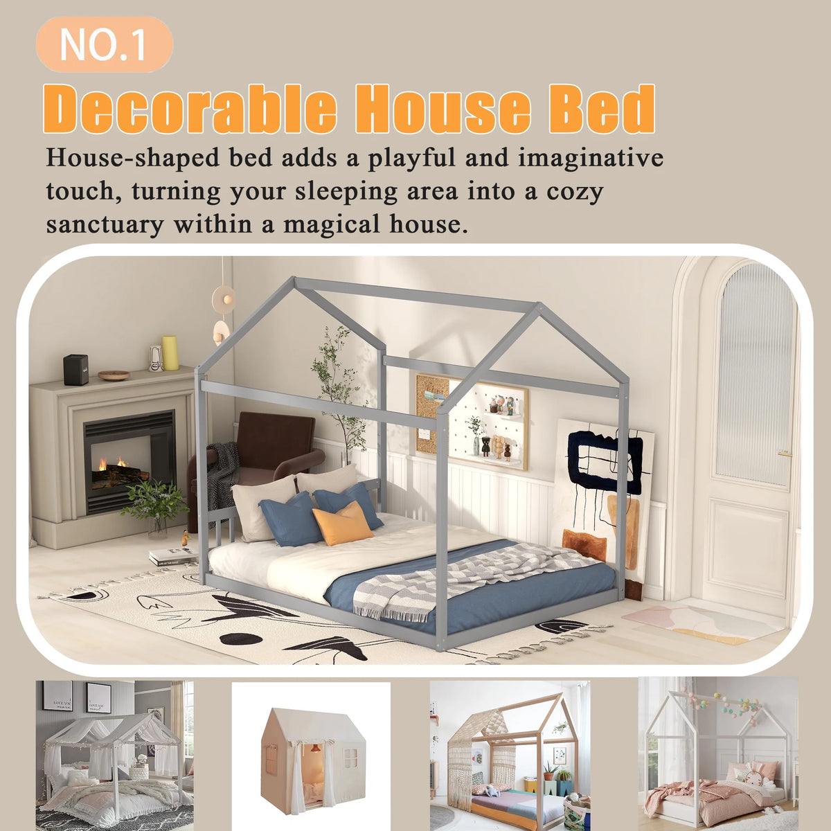 Queen Size Wood Floor Bed with Headboard D222503