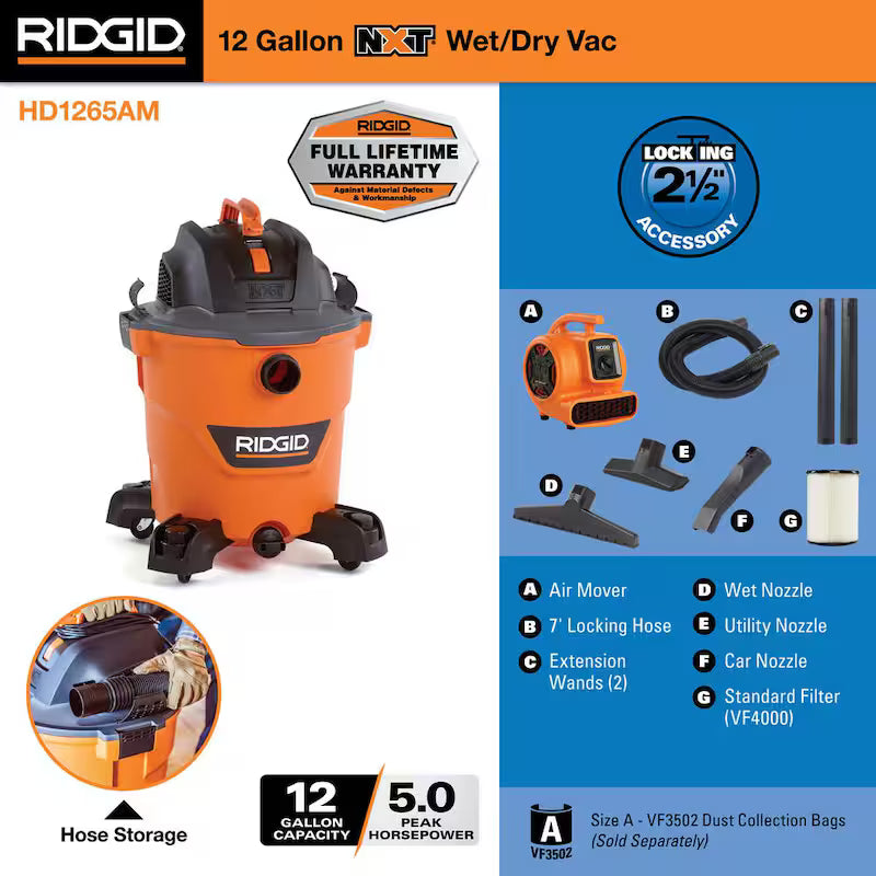 12 Gallon 5.0 Peak HP Wet/Dry Shop Vacuum with Blower Fan J893