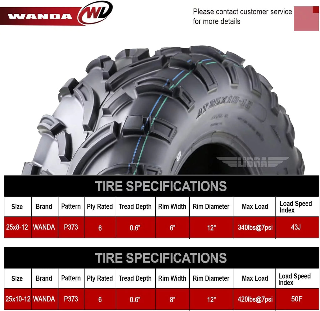 25x8-12 Front & 25x10-12 Rear 6PR ATV/UTV Tires Set 4 S6223