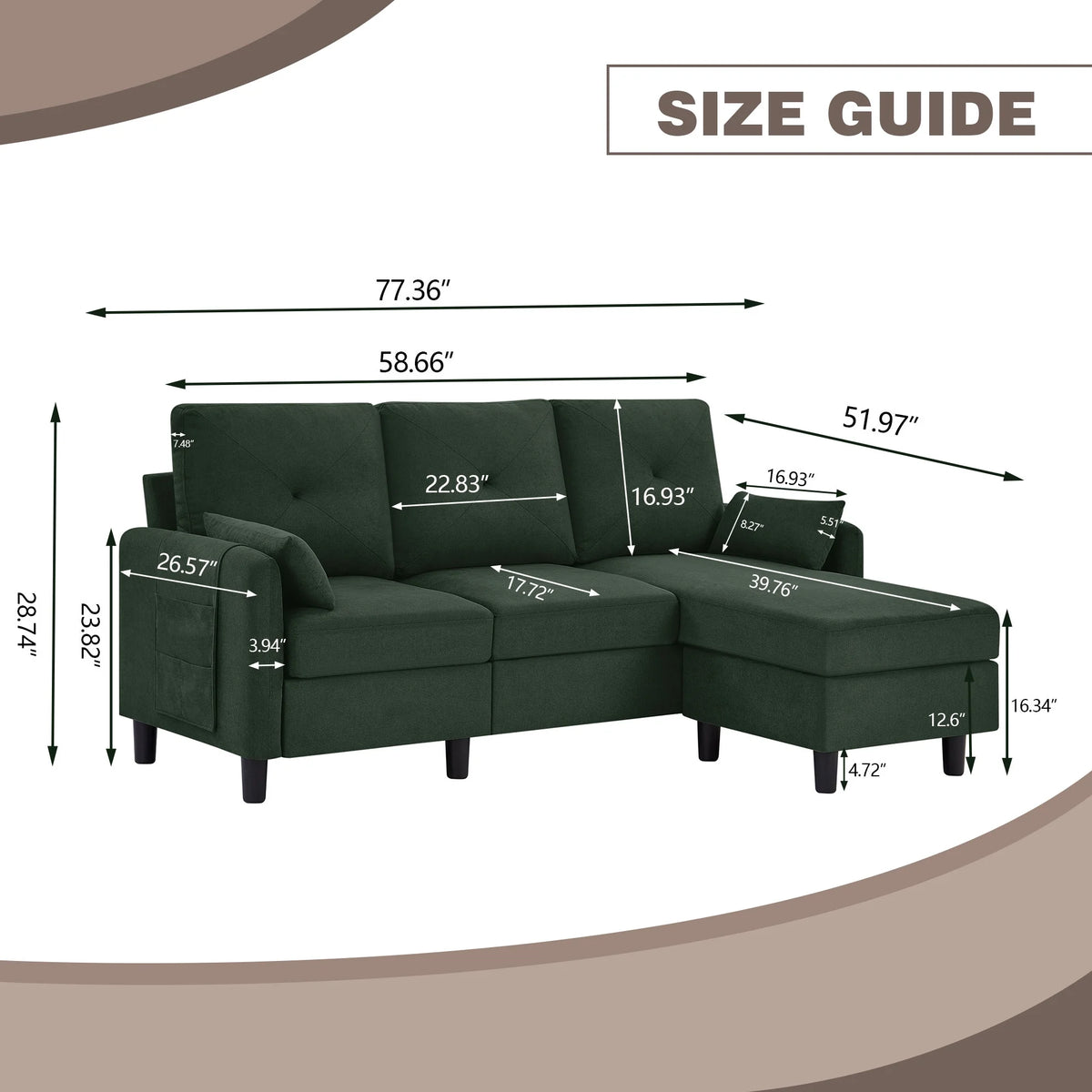 Green L-Shaped Convertible Sectional Sofa with Chaise P19767