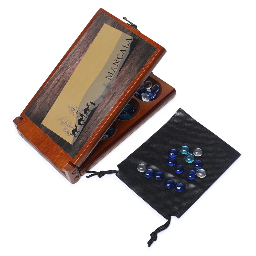 Mancala Board Game Set with Rubber Wood Board, Stones Storage Bag & Instructions. A45050
