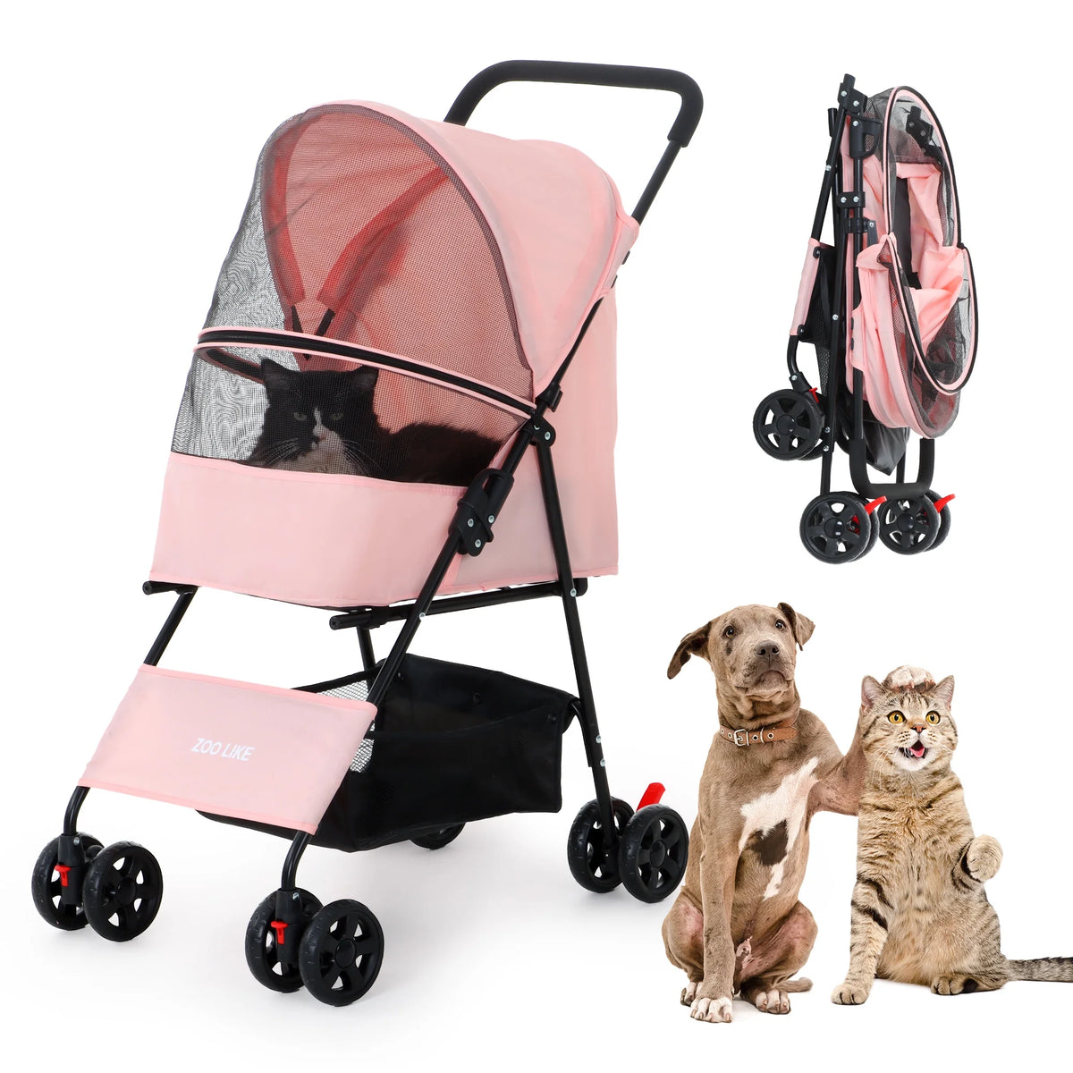 Folding Pet Stroller with Storage Basket, Black W733355