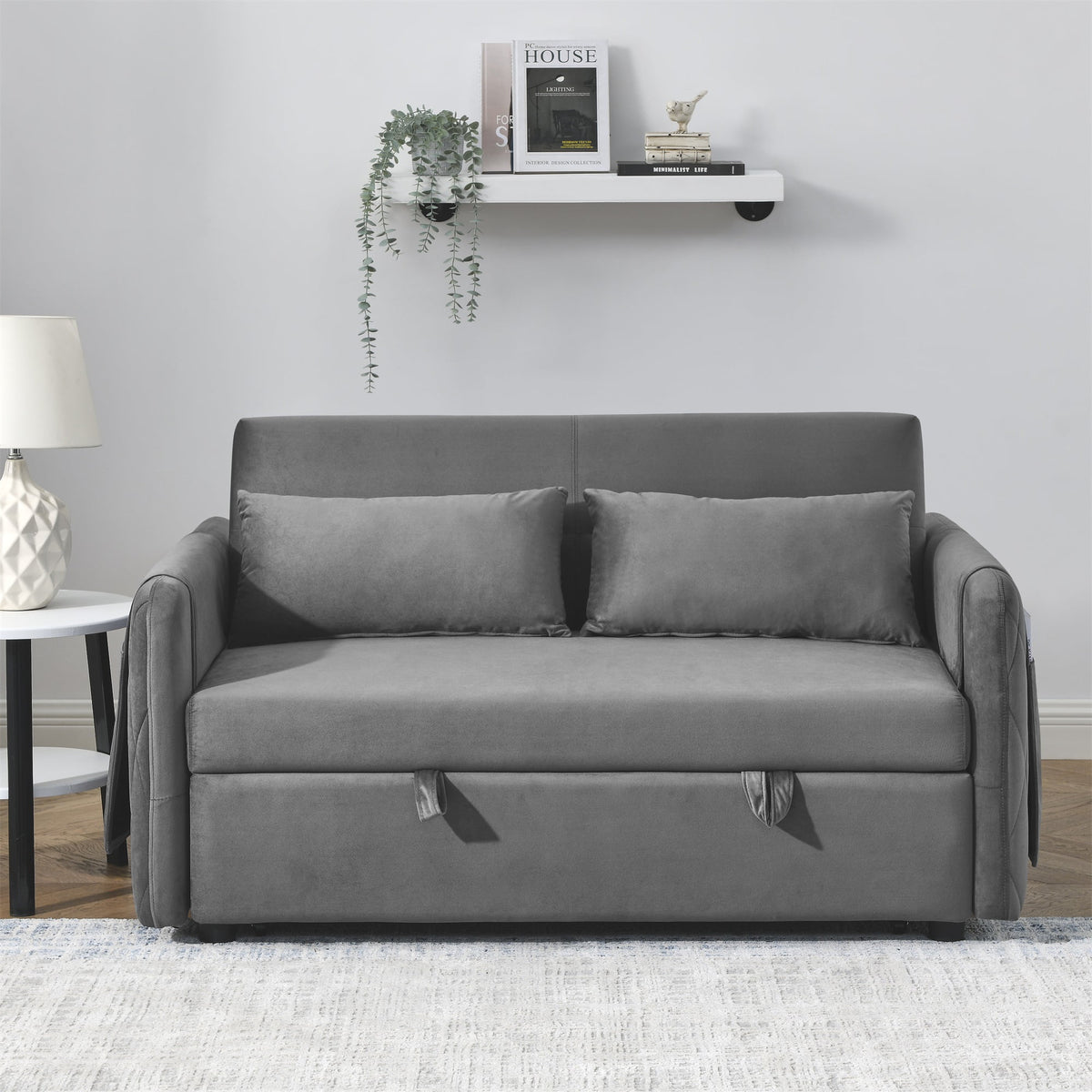 55" Velvet Pull Out Sofa Bed with 2 Pillows G90586