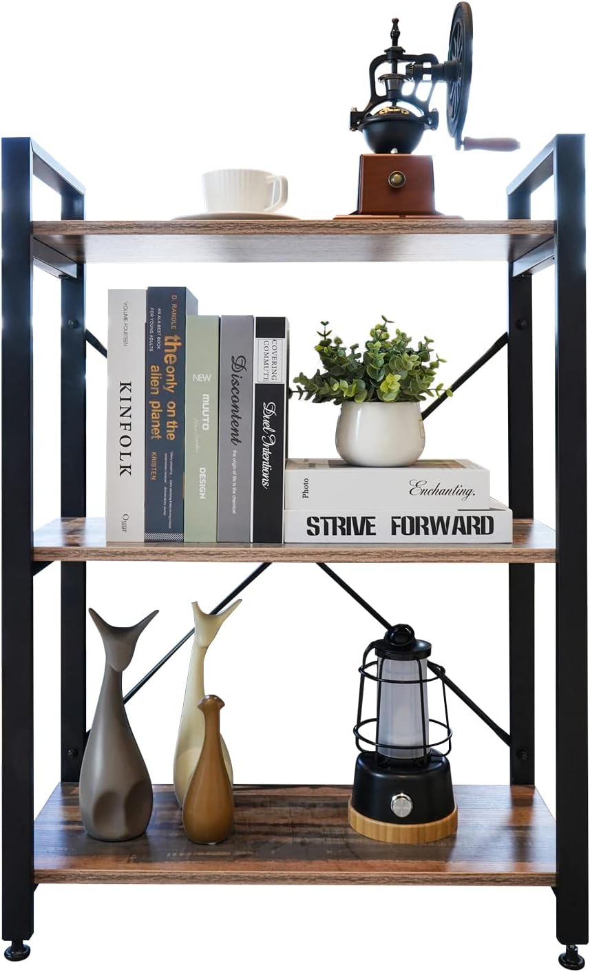 3 Tier Industrial Wood Bookshelf, Black/Brown I8028