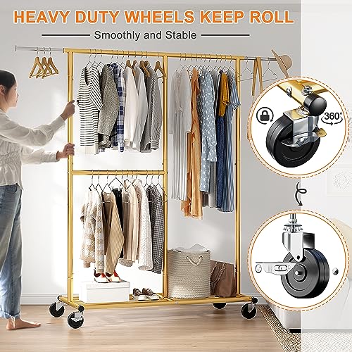 Gold Rolling Heavy Duty Clothes Rack with Wheels 17.7" D x 69.1" W x 71.9" H S85781