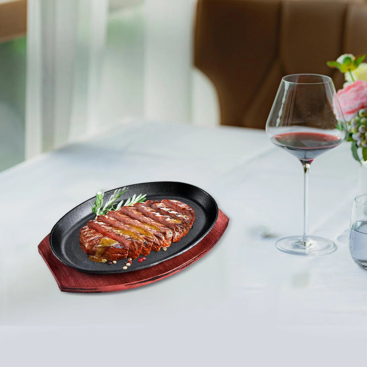 Oval Nonstick Sizzling Steak Plate with Bamboo Tray W628