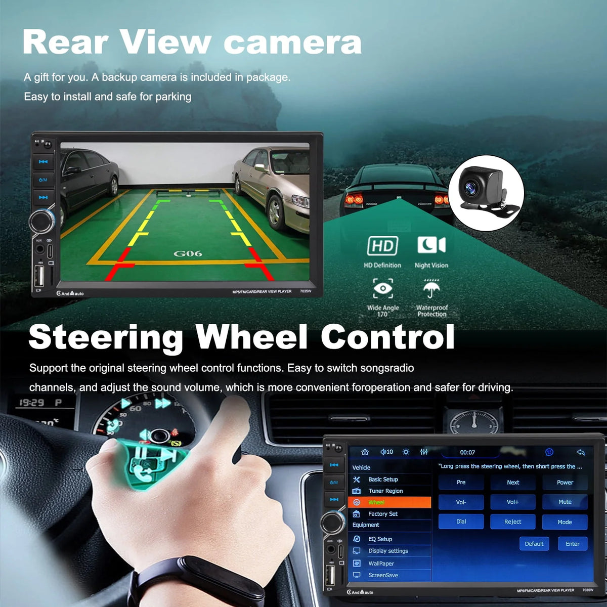 Double Din Car Stereo with 7 Touchscreen Bluetooth Rear Camera U88281