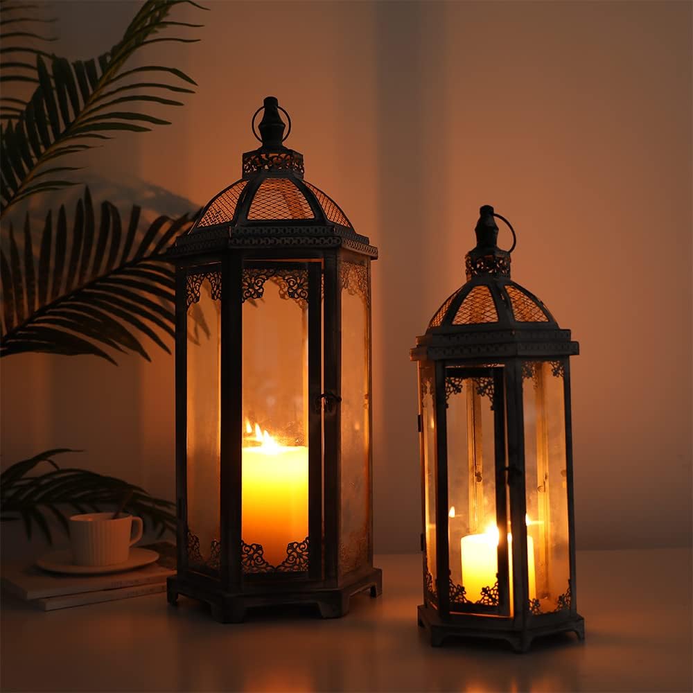 Set of 2 Hanging Metal Candle Lanterns with Tempered Glass, Dark Cement Color P575