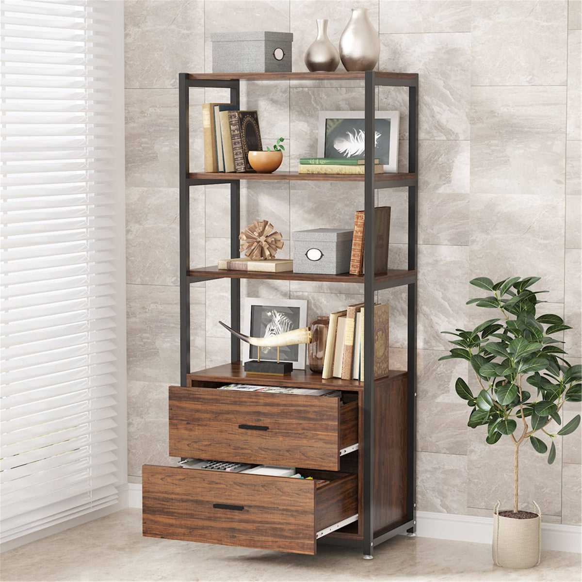 Brown/Black 4-Tier Bookcase with 2 Drawers D5782