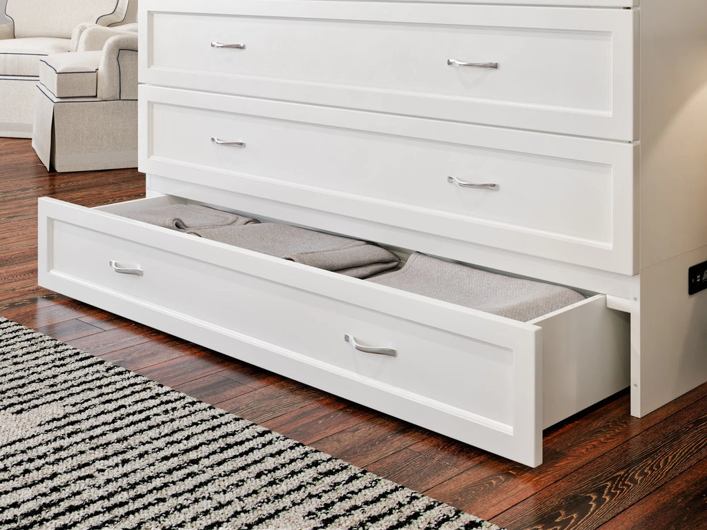 Queen Solid Wood Murphy Bed Chest with Mattress, Drawer & Charger, White Y60641