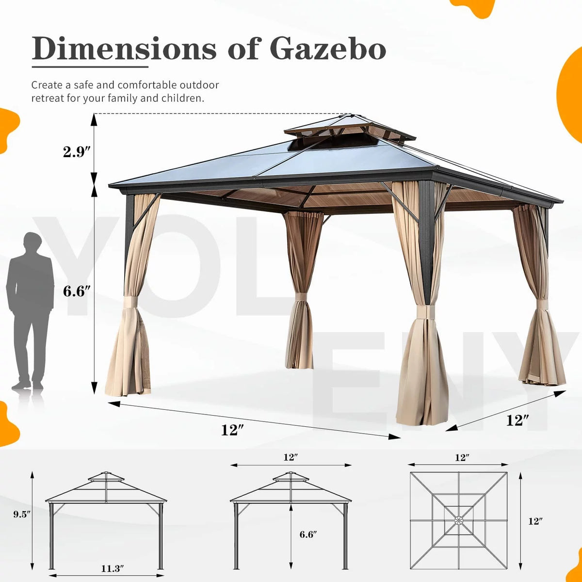 12 ft Polycarbonate Double Roof Hardtop Gazebo Canopy, Beige W926