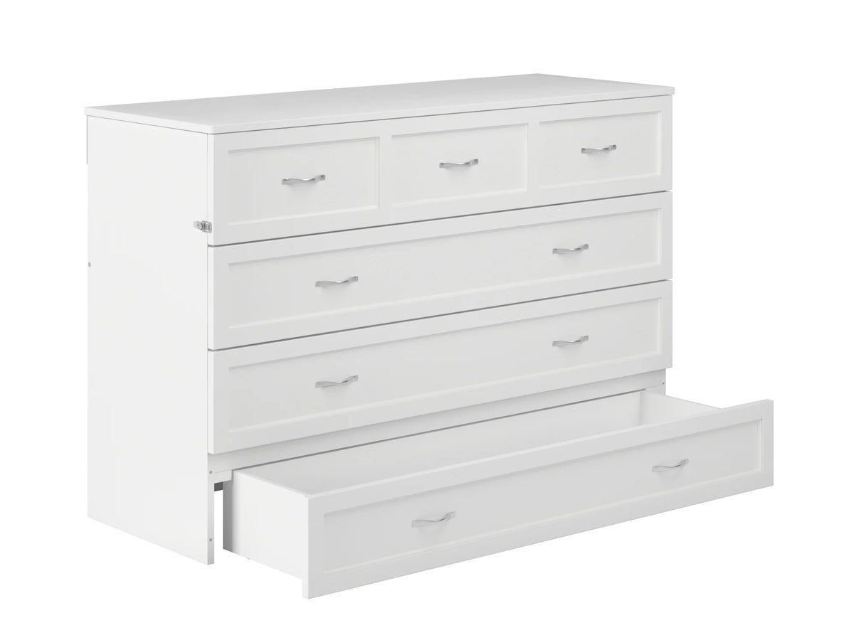 Queen Solid Wood Murphy Bed Chest with Mattress, Drawer & Charger, White Y60641