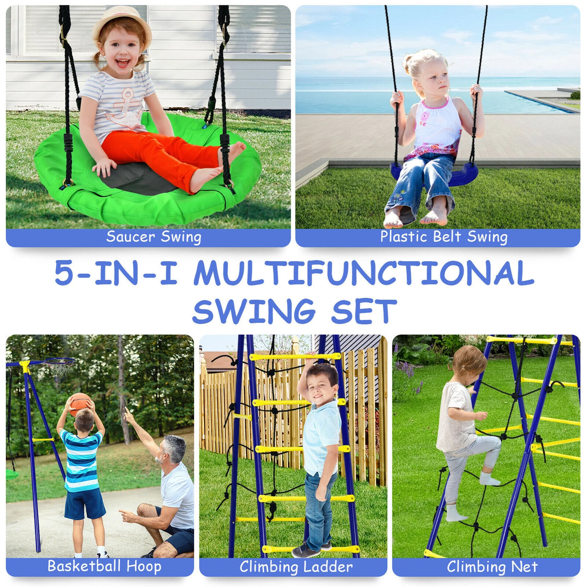 Kids Swing Set with Basketball Hoop & Climbing Ladder L56712