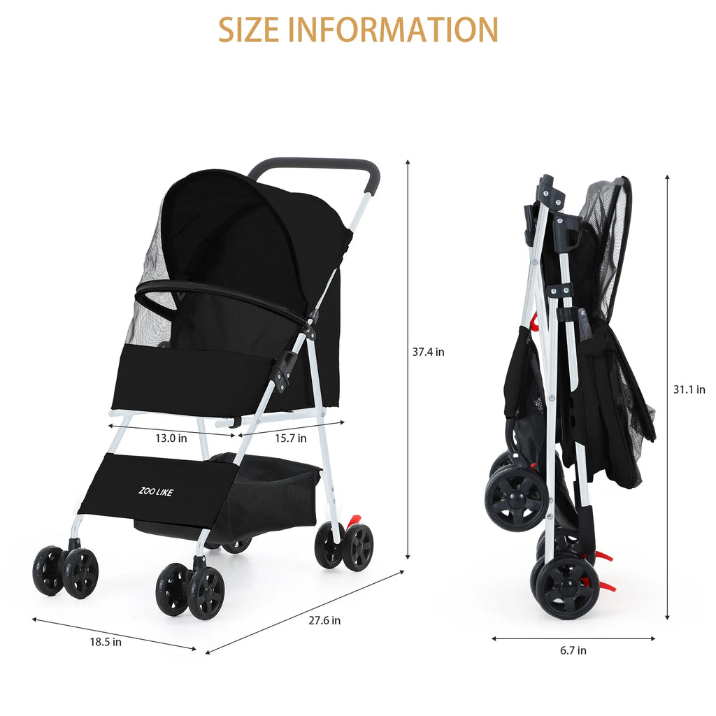 Folding Pet Stroller with Storage Basket, Black W733355