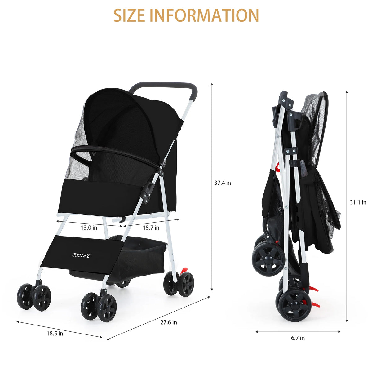 Folding Pet Stroller with Storage Basket, Black W733355