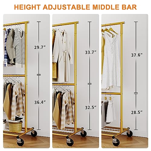 Gold Rolling Heavy Duty Clothes Rack with Wheels 17.7" D x 69.1" W x 71.9" H S85781