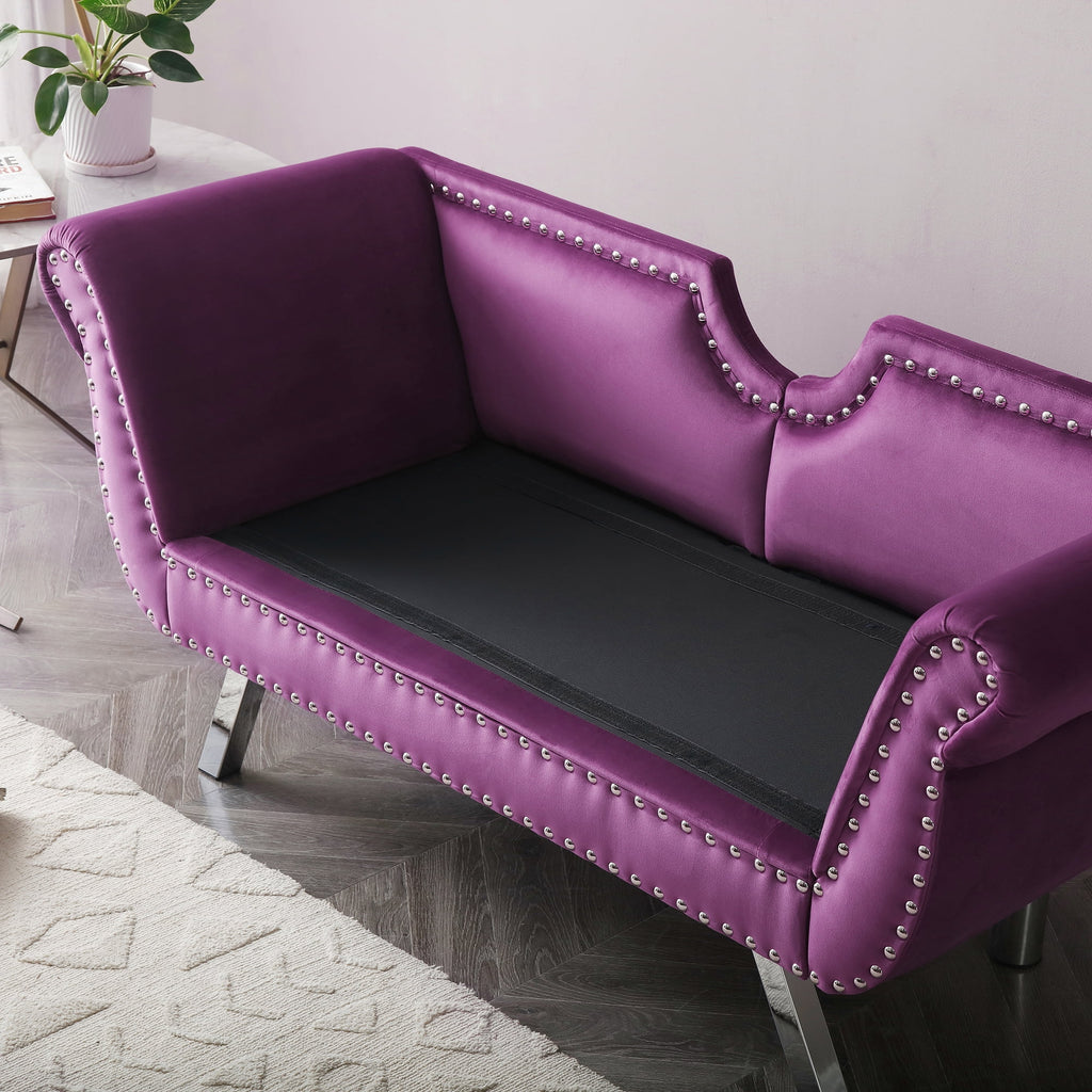 Purple Velvet Upholstered Loveseat with Removable Cushion Silver Metal Legs Y1365