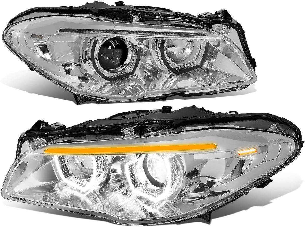 Sequential Turn Signal LED Halo Projector Headlights Assembly for BMW F10 11-13, Chrome Housing, Clear Lens H415