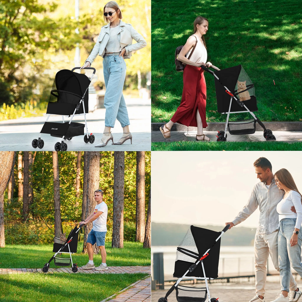 Folding Pet Stroller with Storage Basket, Black W733355