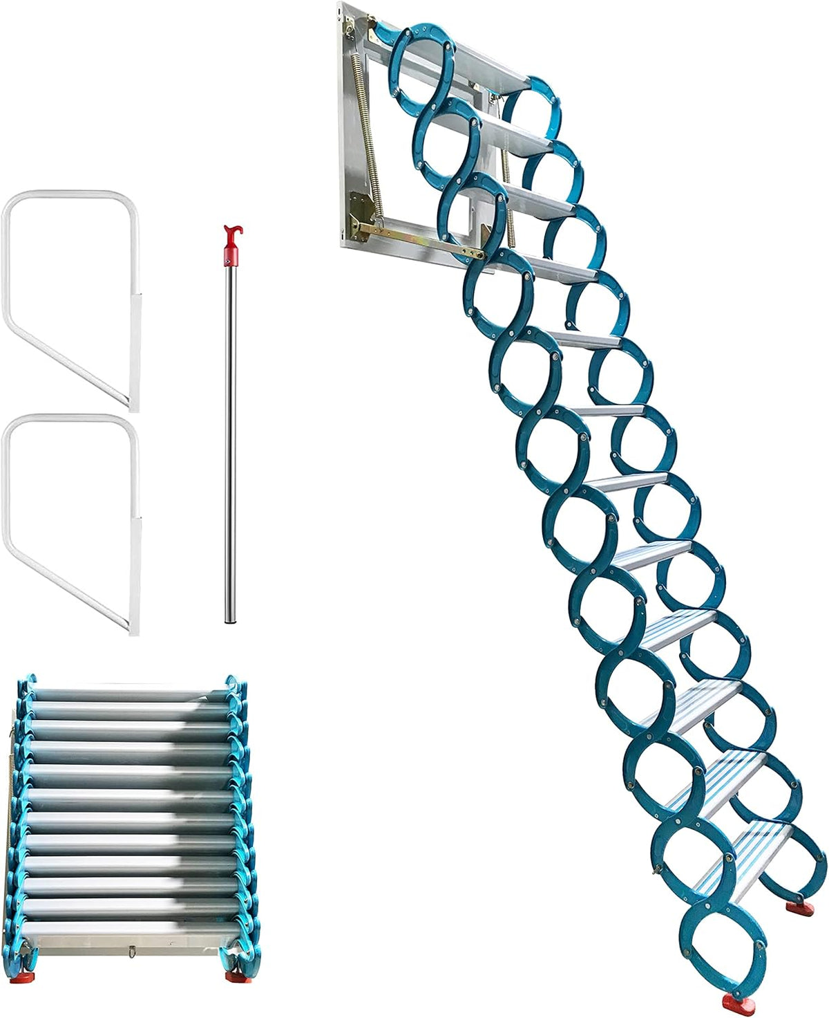 Blue 9.8ft Al-Mg Alloy Folding Attic Ladder with Armrests M719320