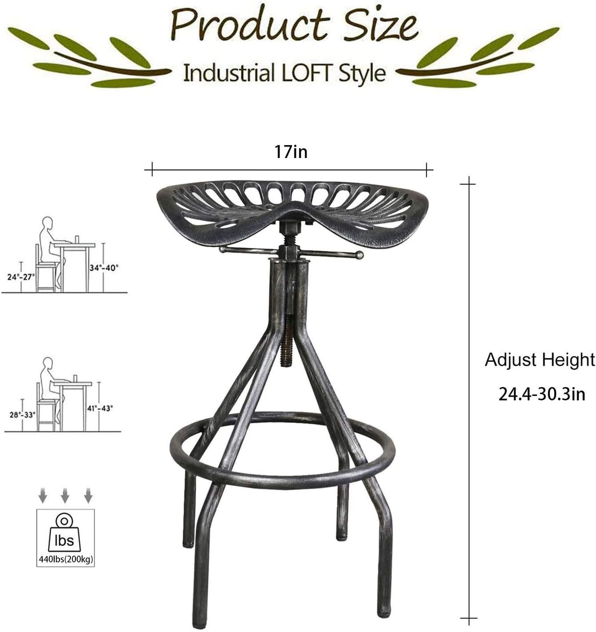 Industrial Cast Iron Adjustable Swivel Barstools Set of 2 R2634