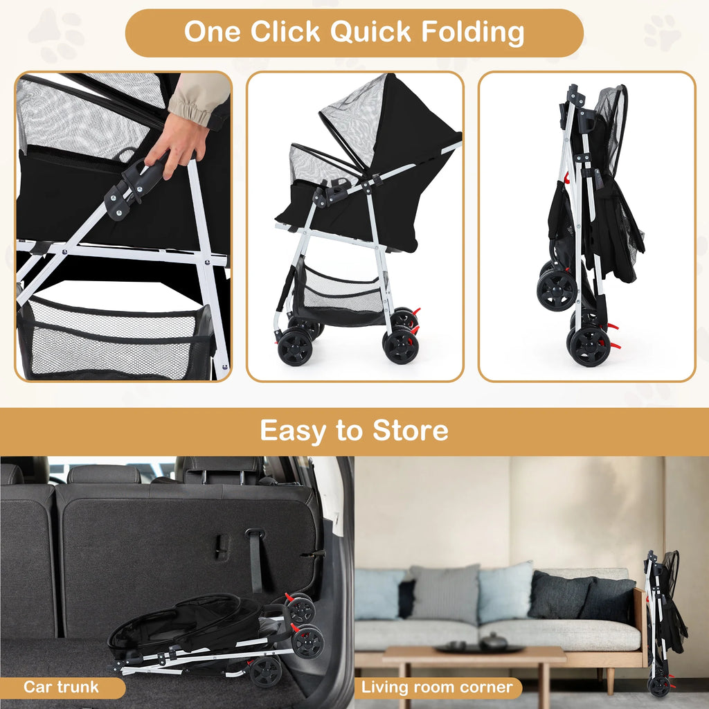 Folding Pet Stroller with Storage Basket, Black W733355