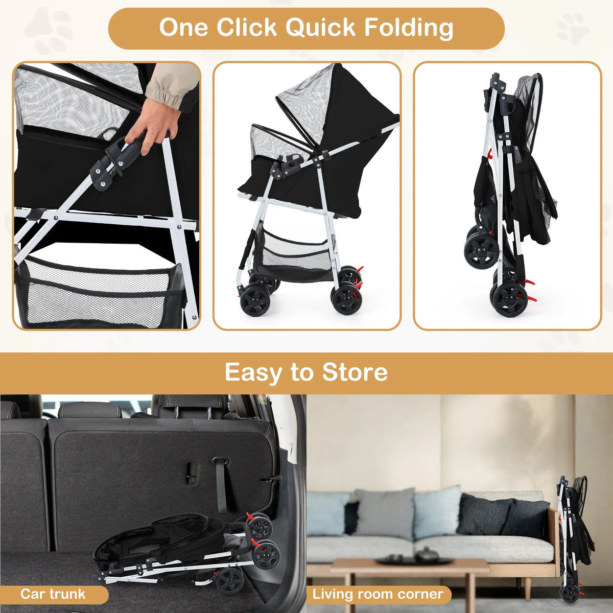 Folding Pet Stroller with Storage Basket, Black W733355