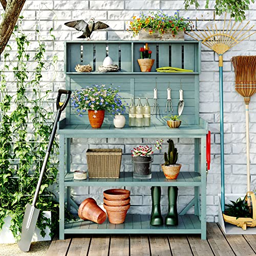 Green 65" Wooden Potting Bench with 4 Storage Shelves Z70753