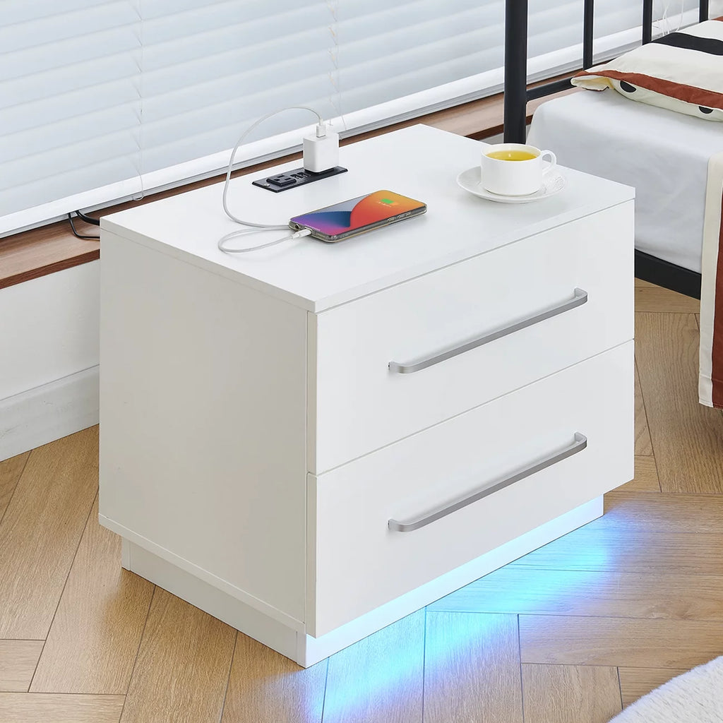 White High Gloss End Table with Charging Station and Storage Drawer O24834