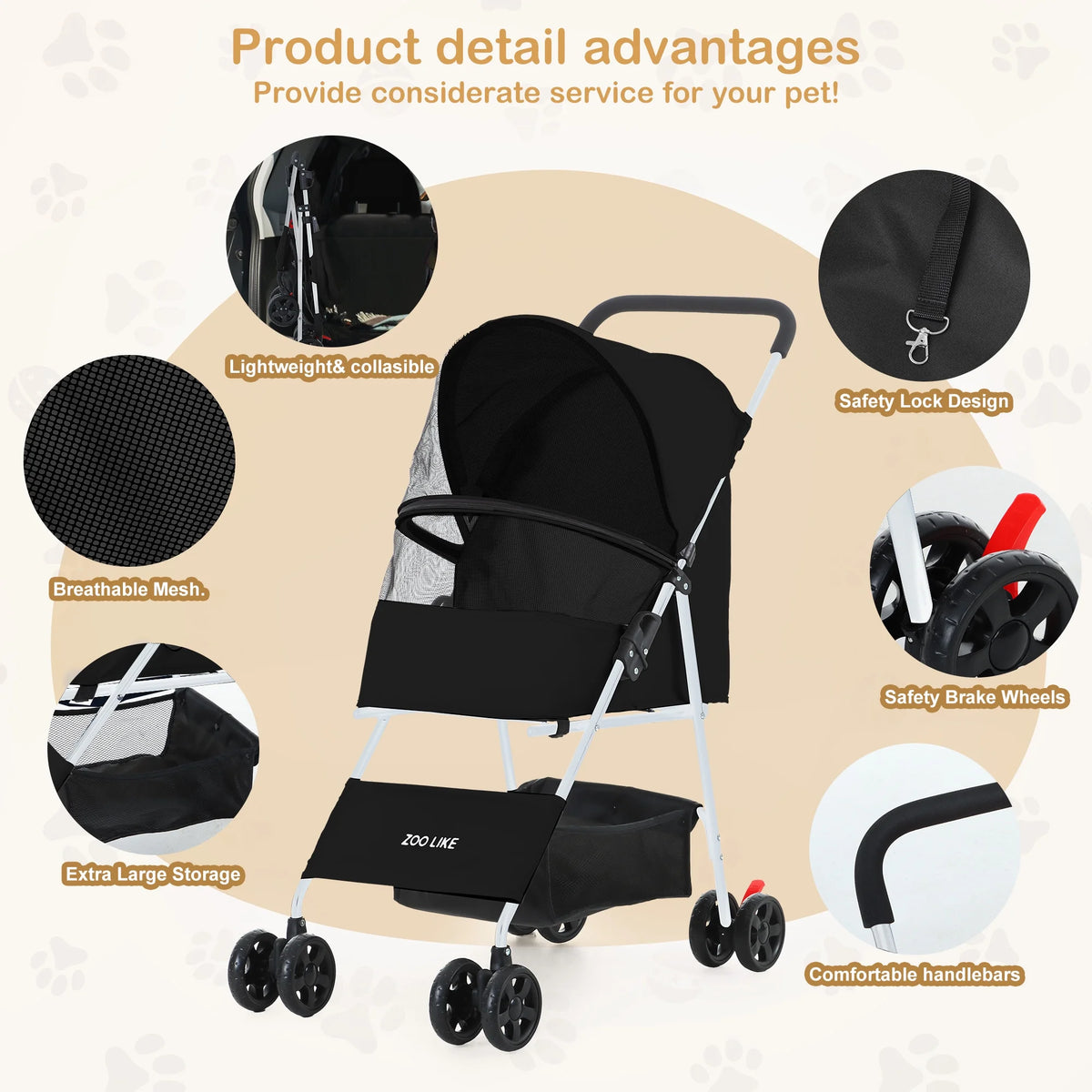 Folding Pet Stroller with Storage Basket, Black W733355