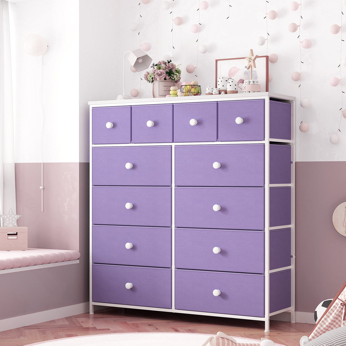 Pink 12 Fabric Drawer Dresser with Wood Top M790