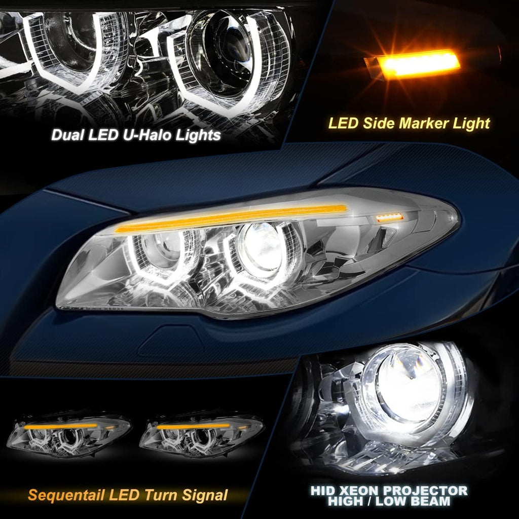 Sequential Turn Signal LED Halo Projector Headlights Assembly for BMW F10 11-13, Chrome Housing, Clear Lens H415