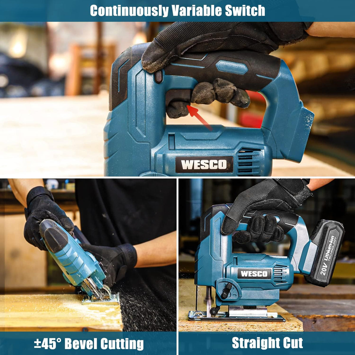 Cordless Jigsaw Tool with Battery, 2500SPM, ±45° Bevel, Adjustable Aluminum Base, LED Light, Pack of 2 G798804