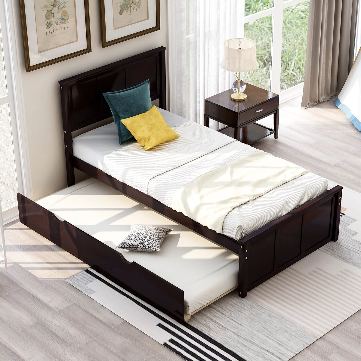 Wood Twin Platform Bed with Headboard & Trundle G4130