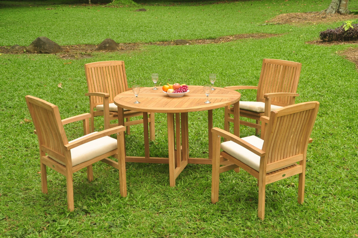 Grade-A Teak 5 Pc Dining Set with 48" Round Butterfly Table and 4 Stacking Arm Chairs Y4546