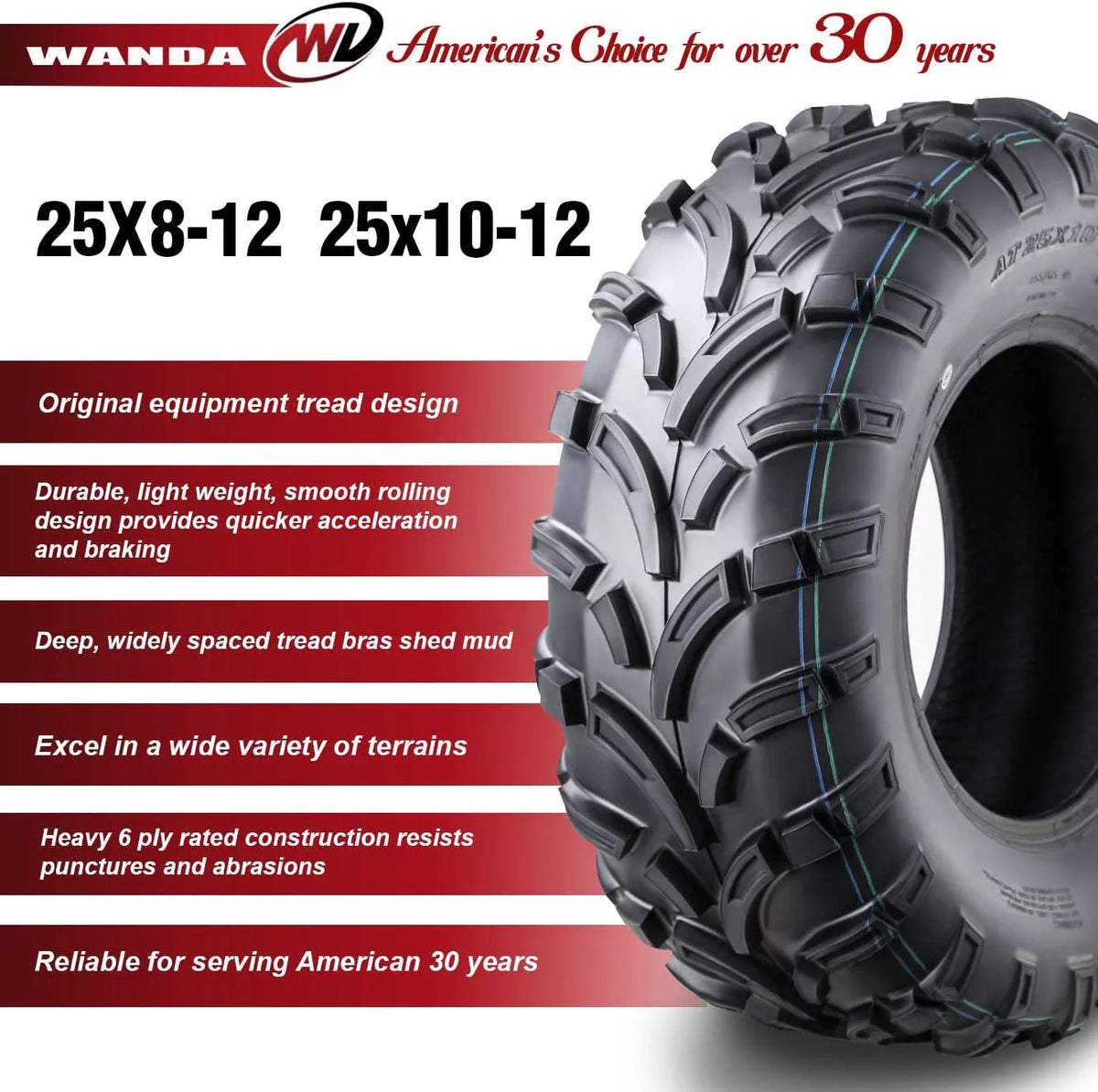 25x8-12 Front & 25x10-12 Rear 6PR ATV/UTV Tires Set 4 S6223