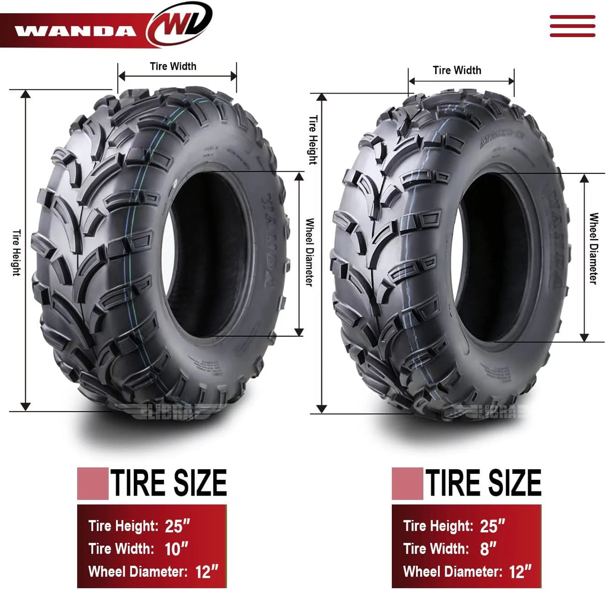 25x8-12 Front & 25x10-12 Rear 6PR ATV/UTV Tires Set 4 S6223