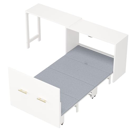 White Twin Folding Murphy Bed with Mattresses and Desk I9970